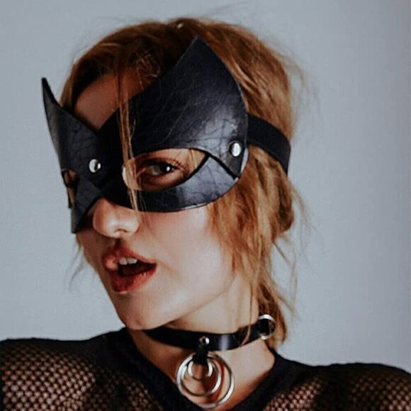 𝅺BLACK Leather Kitty Cat Masquerade Face Mask Slave Bondage BDSM Costume Cosplay